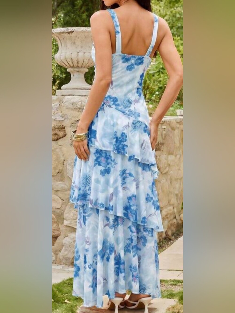 Blue Floral Tiered Maxi Dress with WIDE Spaghetti Straps